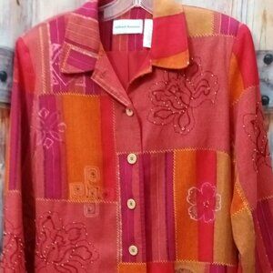 Alfred Dunner Lined Beaded LinenPatchwork Blazer Jacket Size 10 Button Front